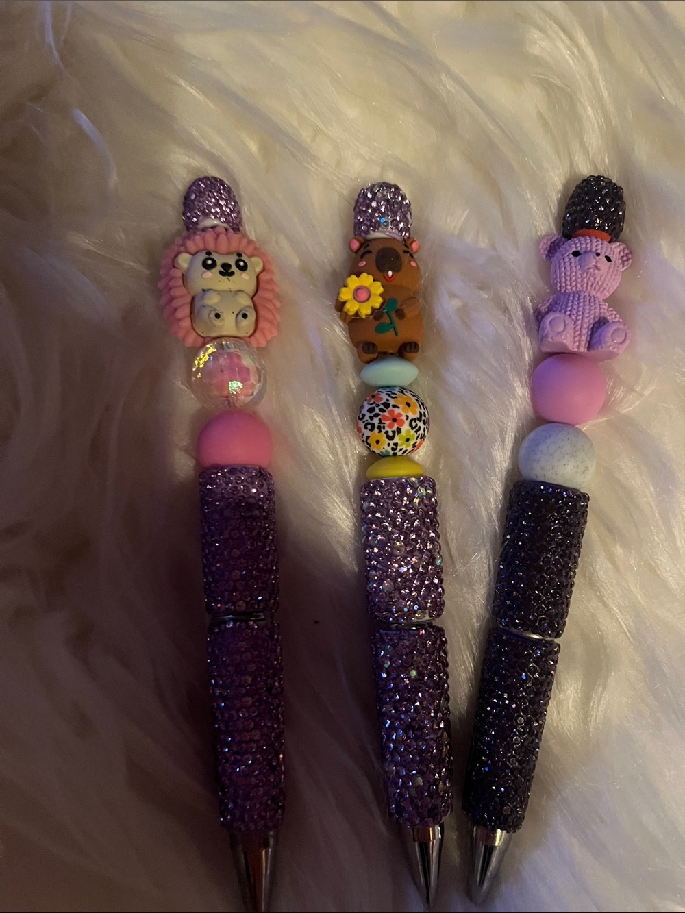 Set of 3 Purple Glitter Bead Pens with Pink Animal Toppers.
